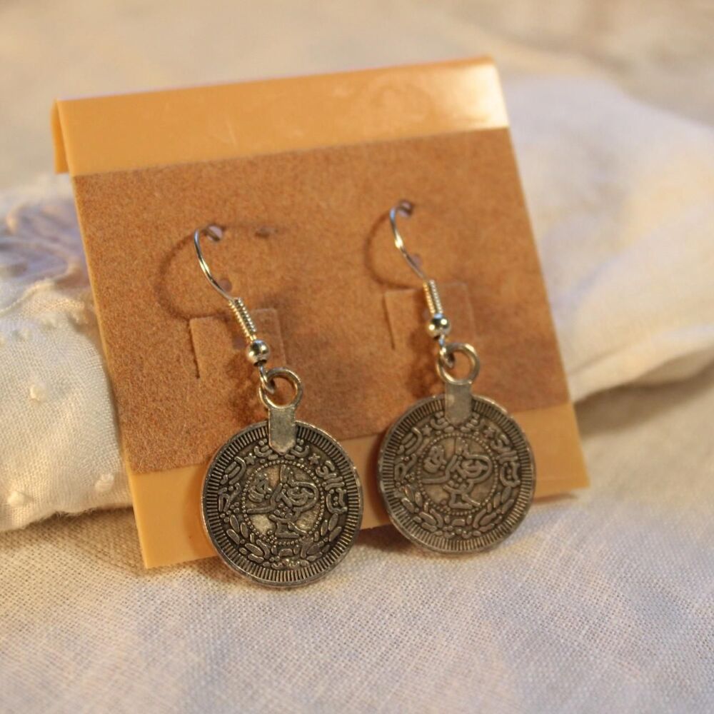 Silver Style Coin Medallion Drop Earrings